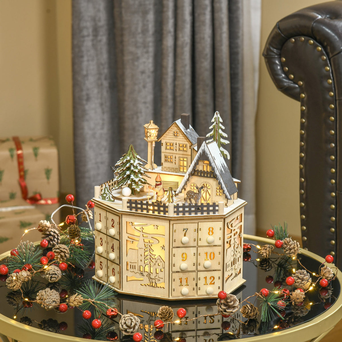 Octagonal Light-Up Wooden Advent Calendar with 24 Drawers