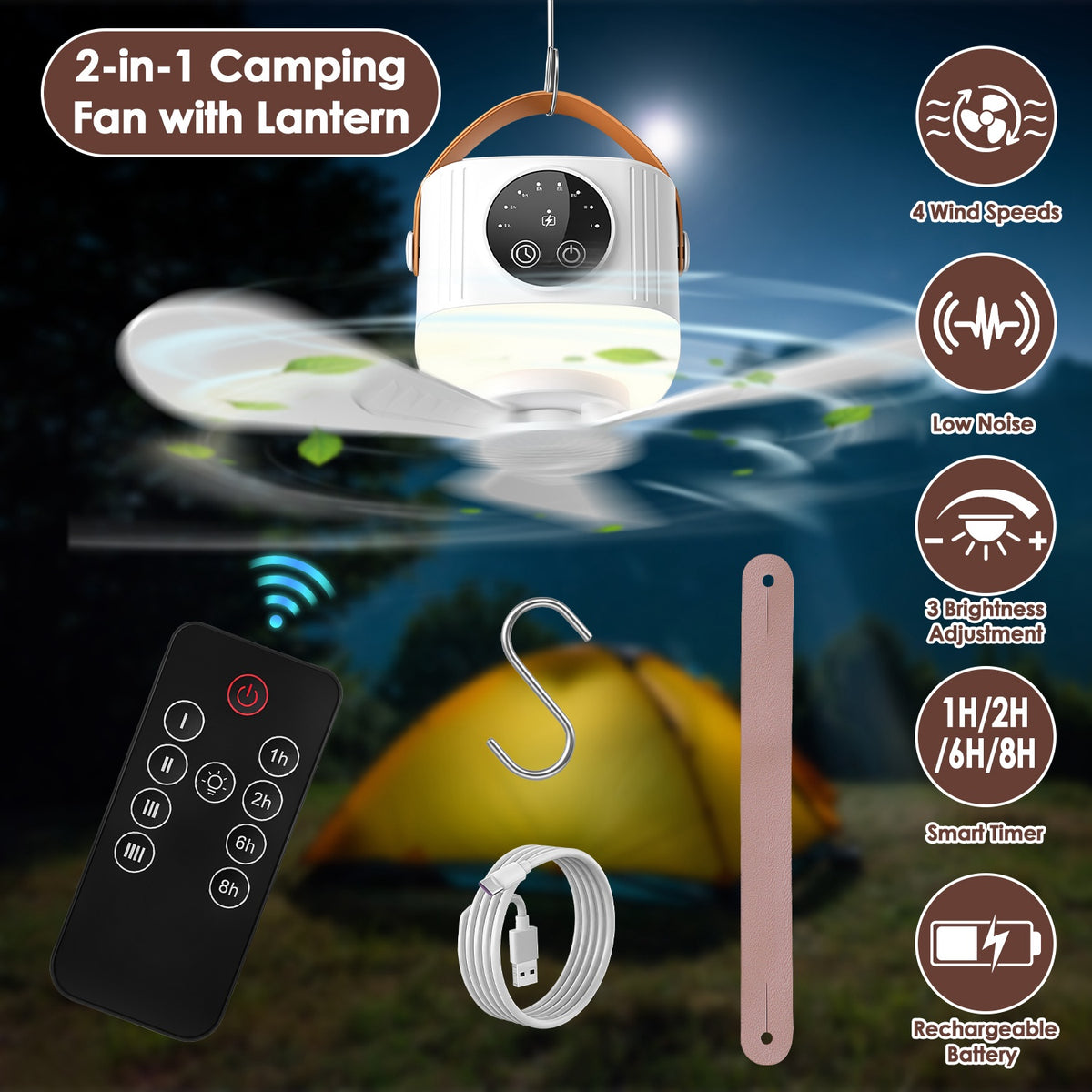 Rechargeable Hanging Tent Ceiling Fan with LED Light