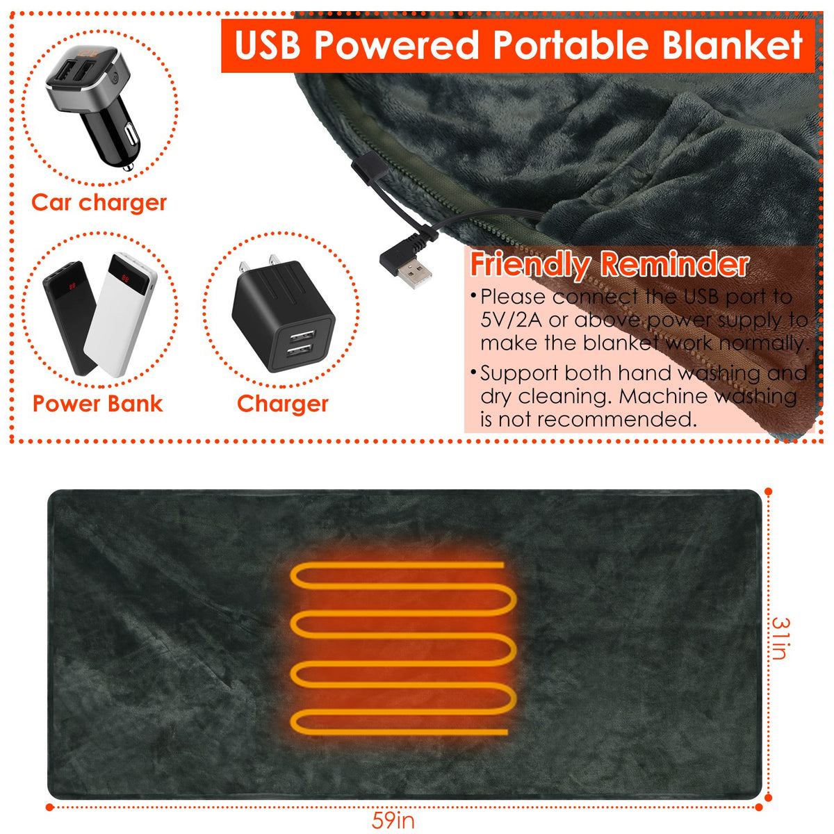 USB Heated Blanket Poncho, 59 x 31 in