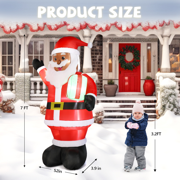 7 ft Inflatable Black Santa Claus Holding a Gift, with LED Lights