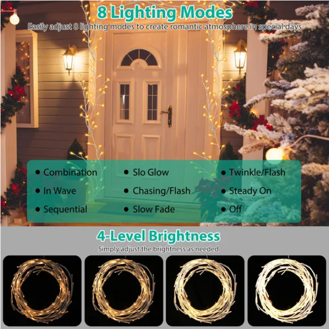 Lighted Birch Flower Wreath with Timer