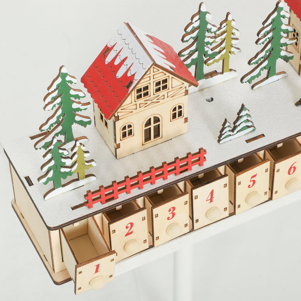 Long Light-Up Wooden Advent Calendar Village, 24 Drawers