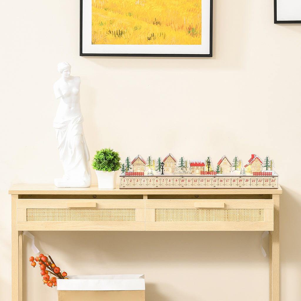 Long Light-Up Wooden Advent Calendar Village, 24 Drawers