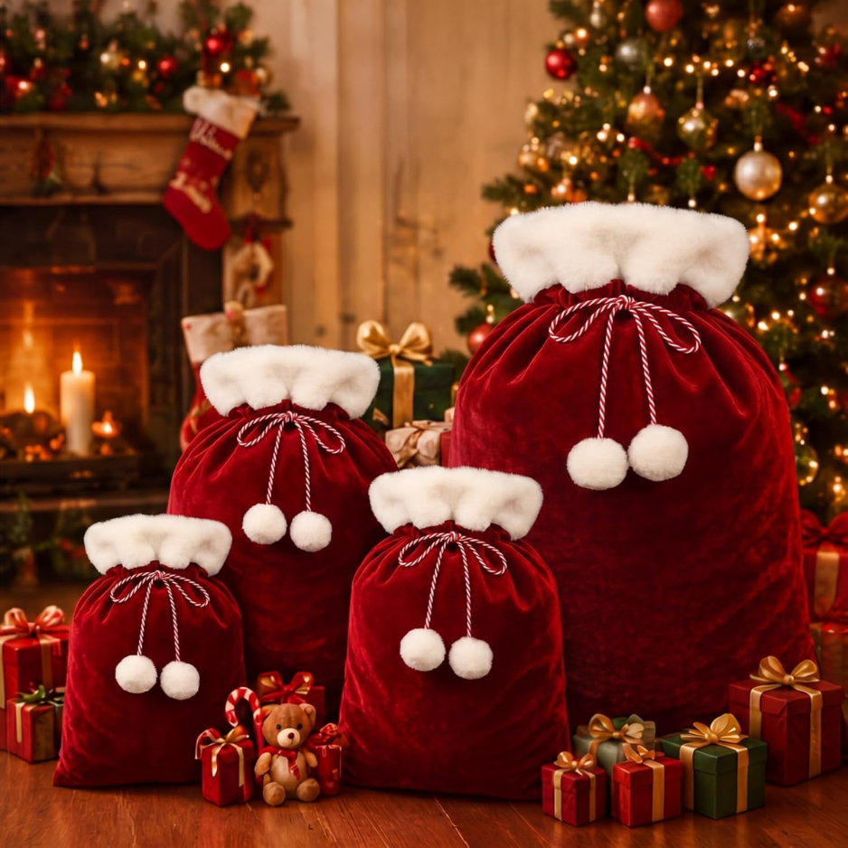 Velvet Santa Sacks with Drawstring, Set of 4 Sizes, Burgundy