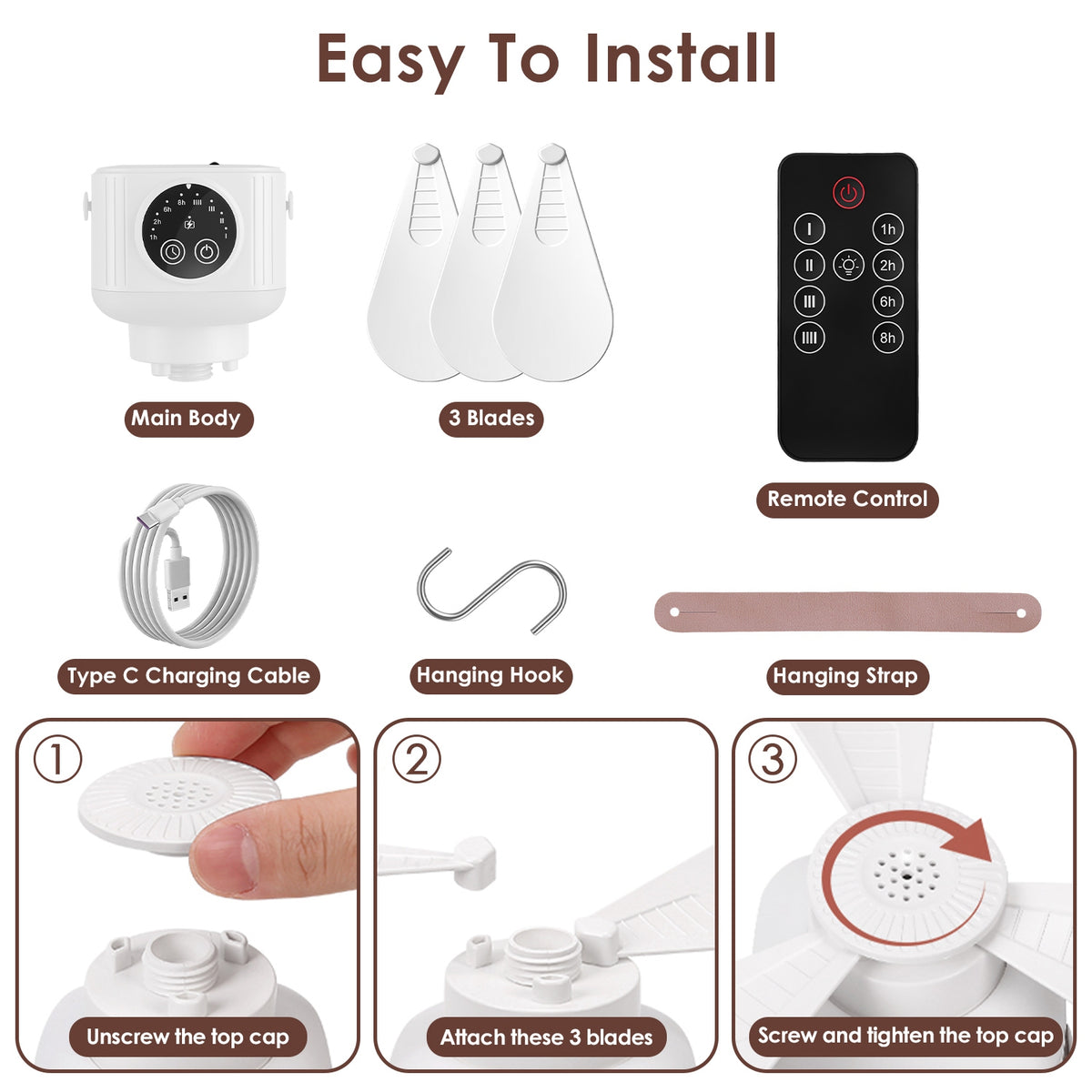 Rechargeable Hanging Tent Ceiling Fan with LED Light