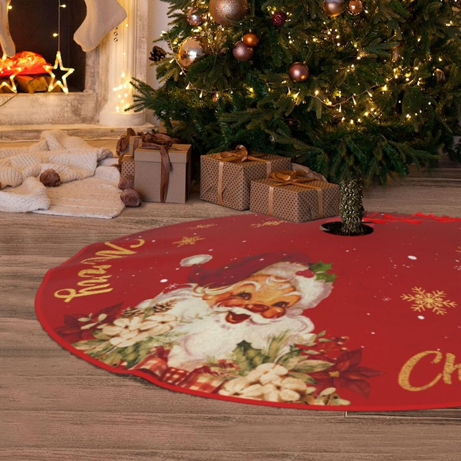 Red and Gold Christmas Tree Skirt with Vintage Santa, 48 Inch