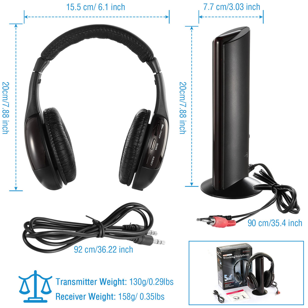 Wireless Over-Ear TV Headphones with RF Transmitter and FM Radio