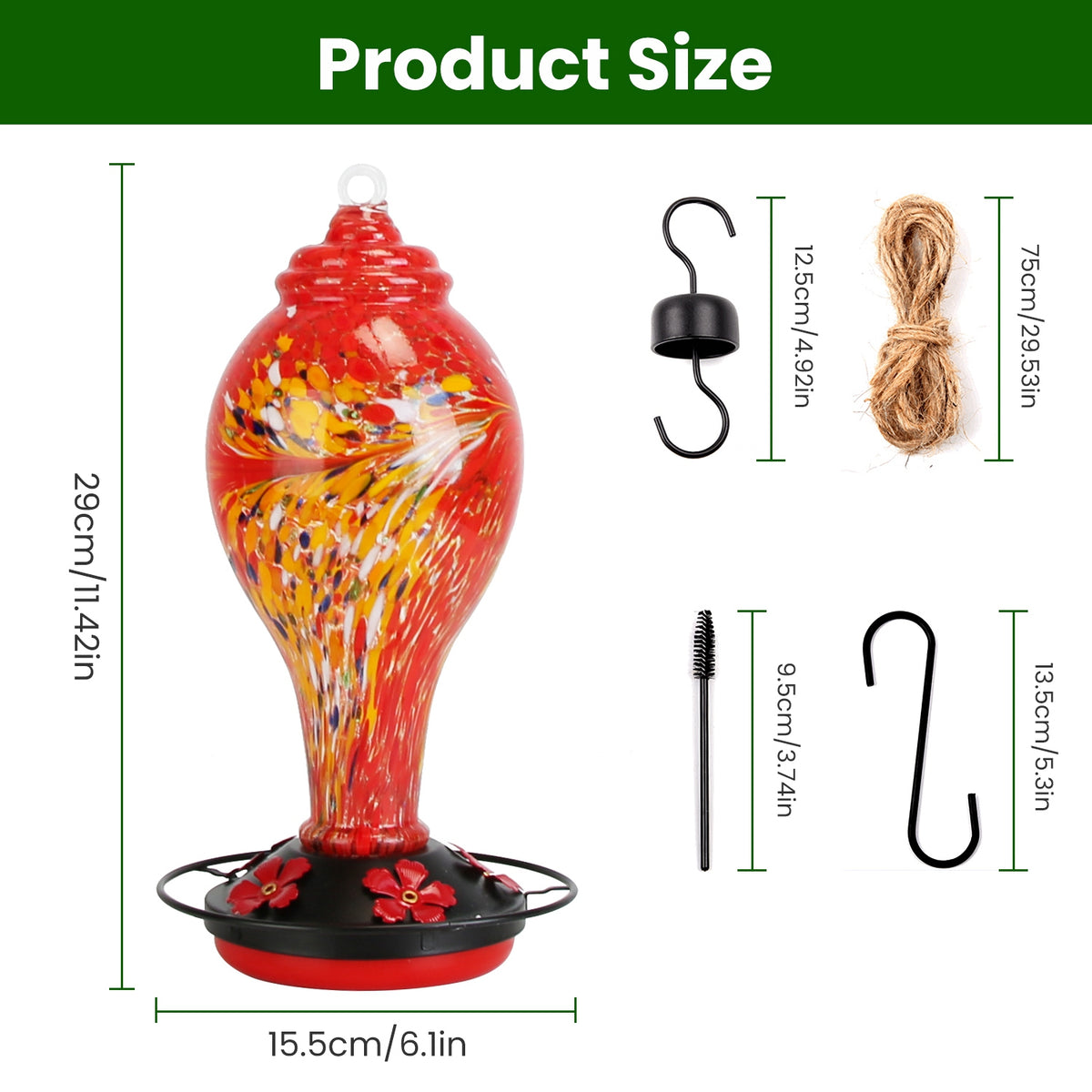 Hand Blown Glass Hummingbird Feeder, 33 oz, 5 Ports