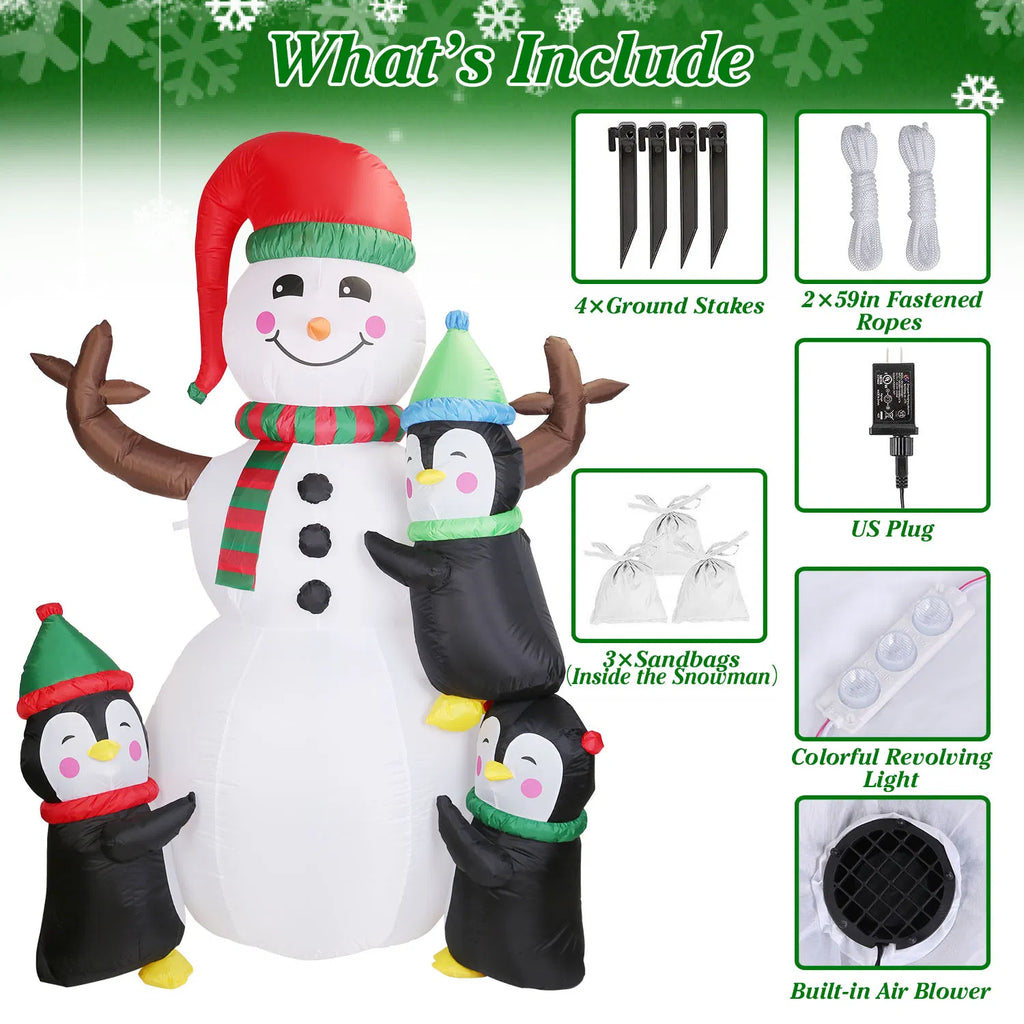 6 ft Inflatable Snowman and 3 Penguins with LED Lights