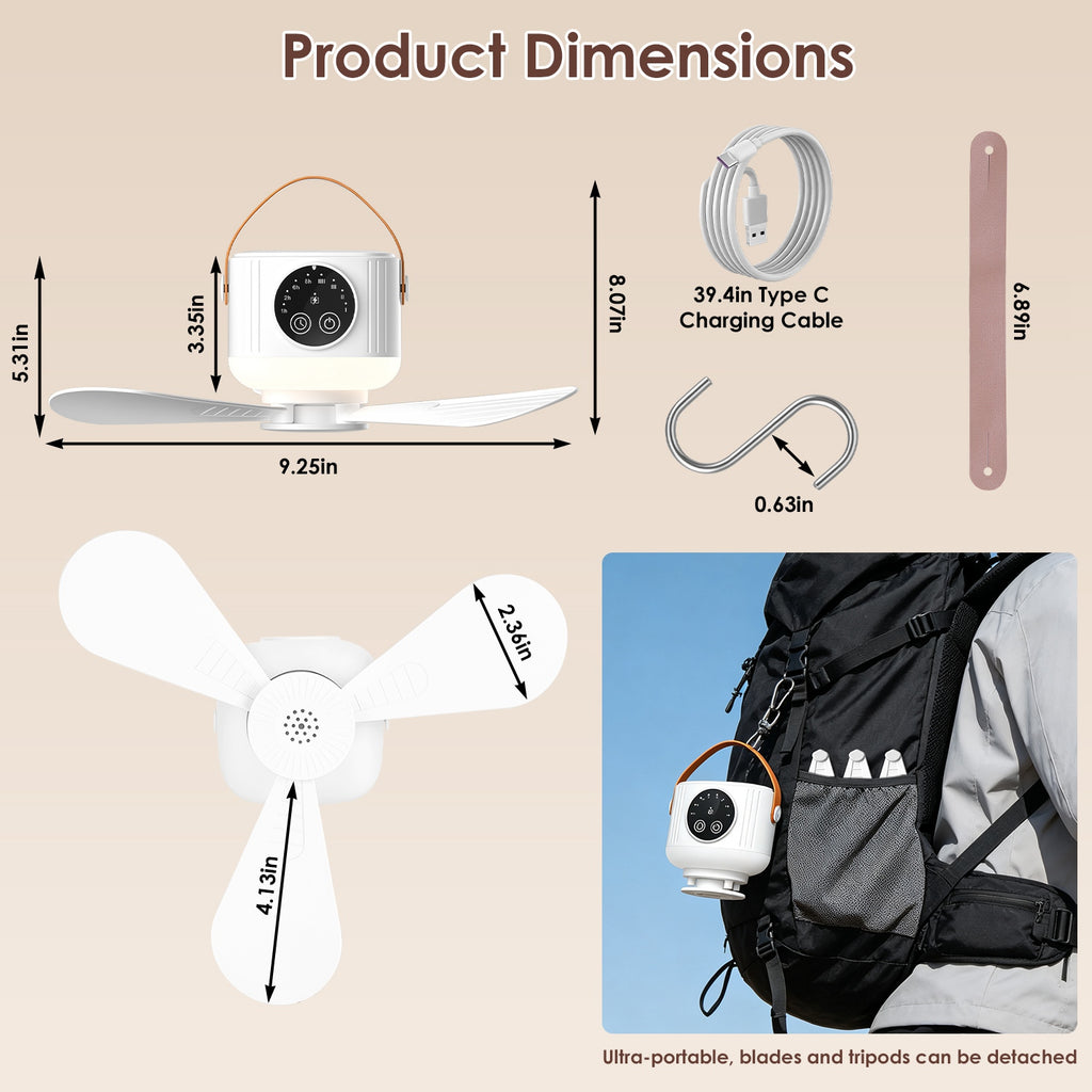 Rechargeable Hanging Tent Ceiling Fan with LED Light