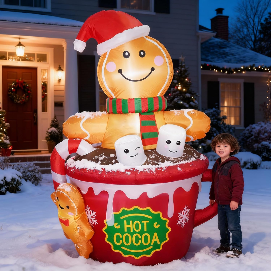6 ft Inflatable Gingerbread Man in a Hot Cocoa Mug