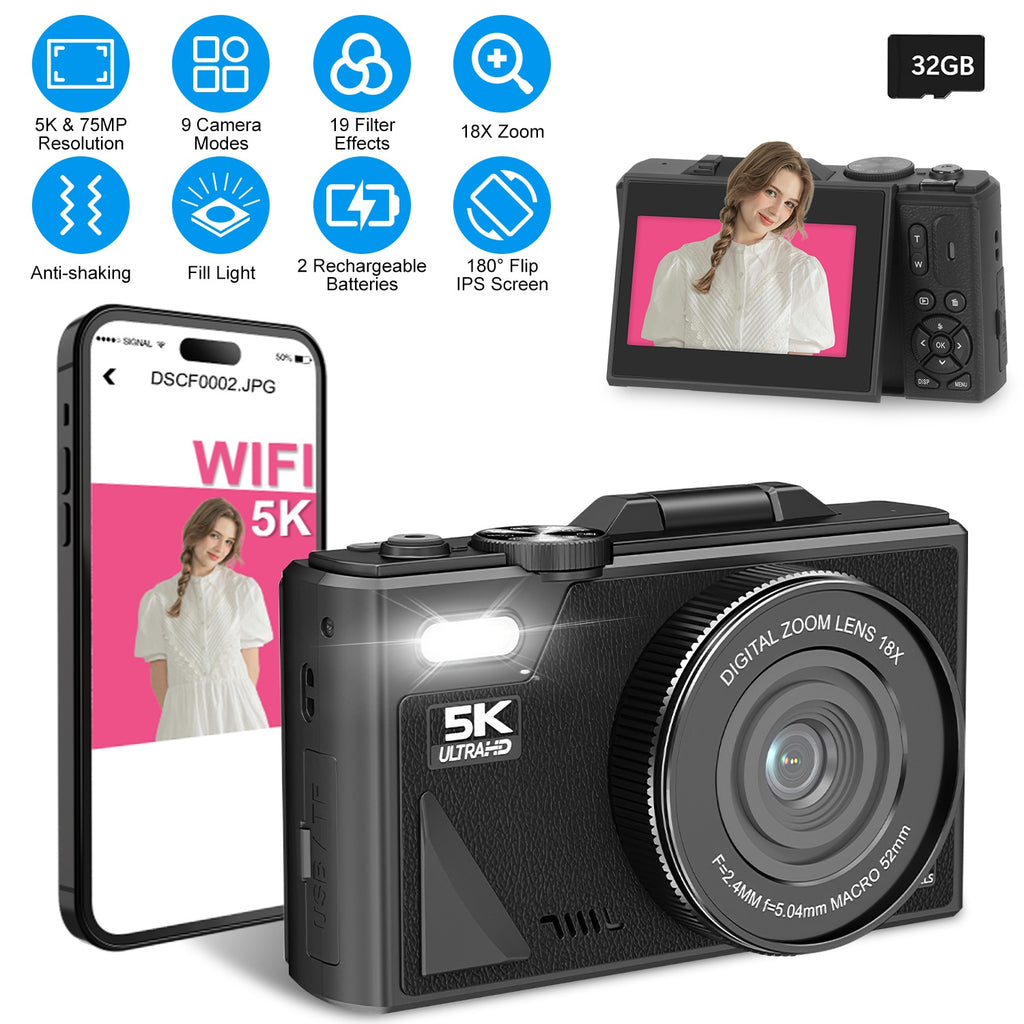 5K 75MP Digital Camera, Anti-Shake