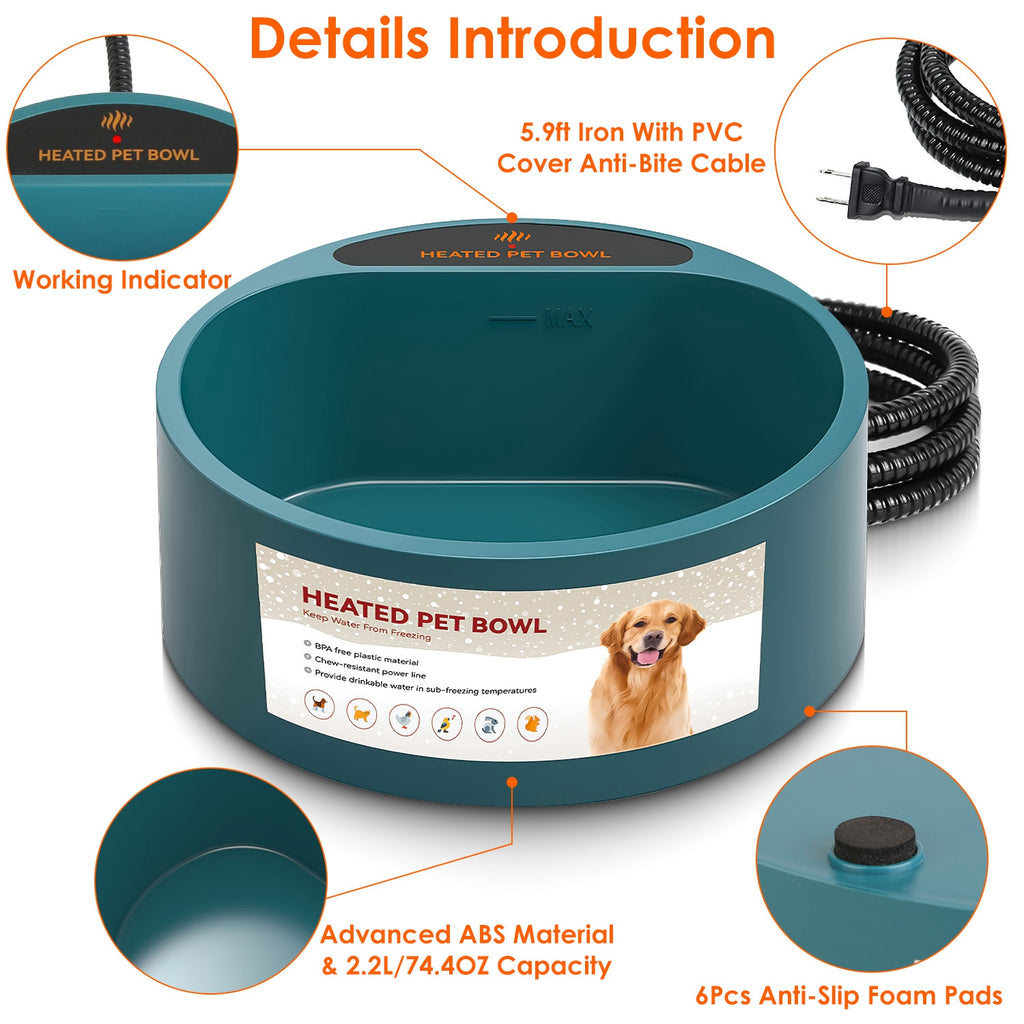 Heated Pet Water Bowl, 74 oz, Thermostatic