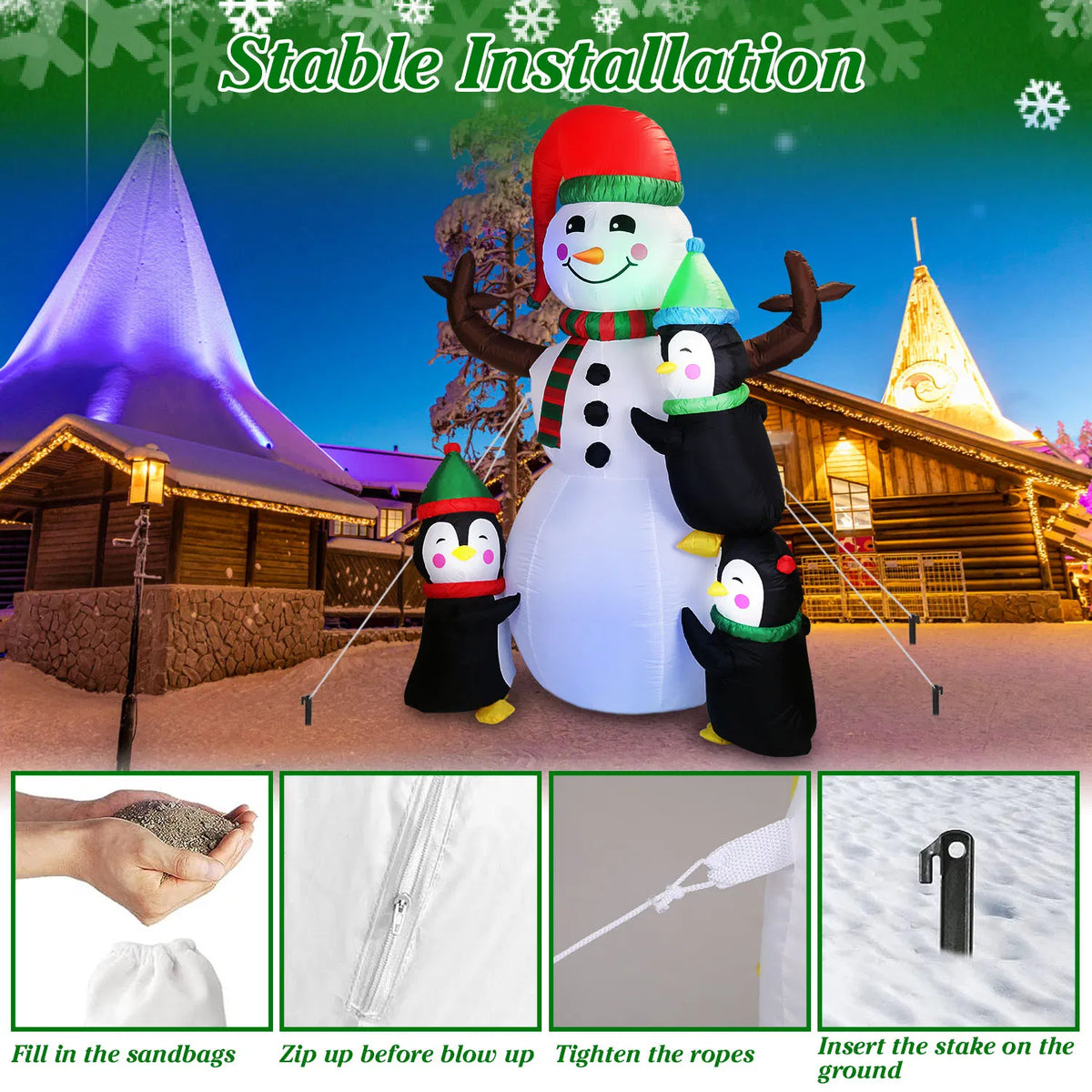 6 ft Inflatable Snowman and 3 Penguins with LED Lights