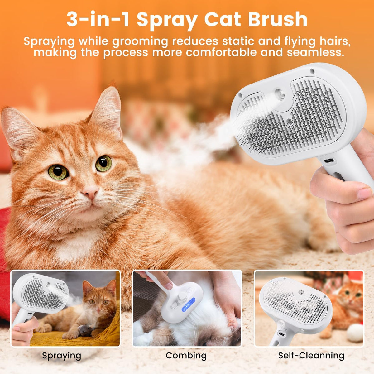 3-in-1 Pet Steam Brush with Water Spray