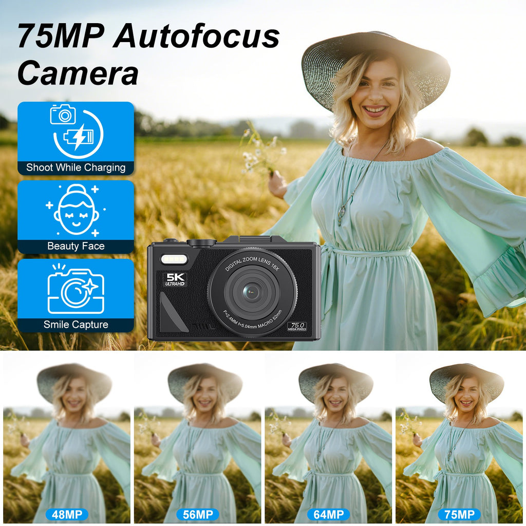 5K 75MP Digital Camera, Anti-Shake