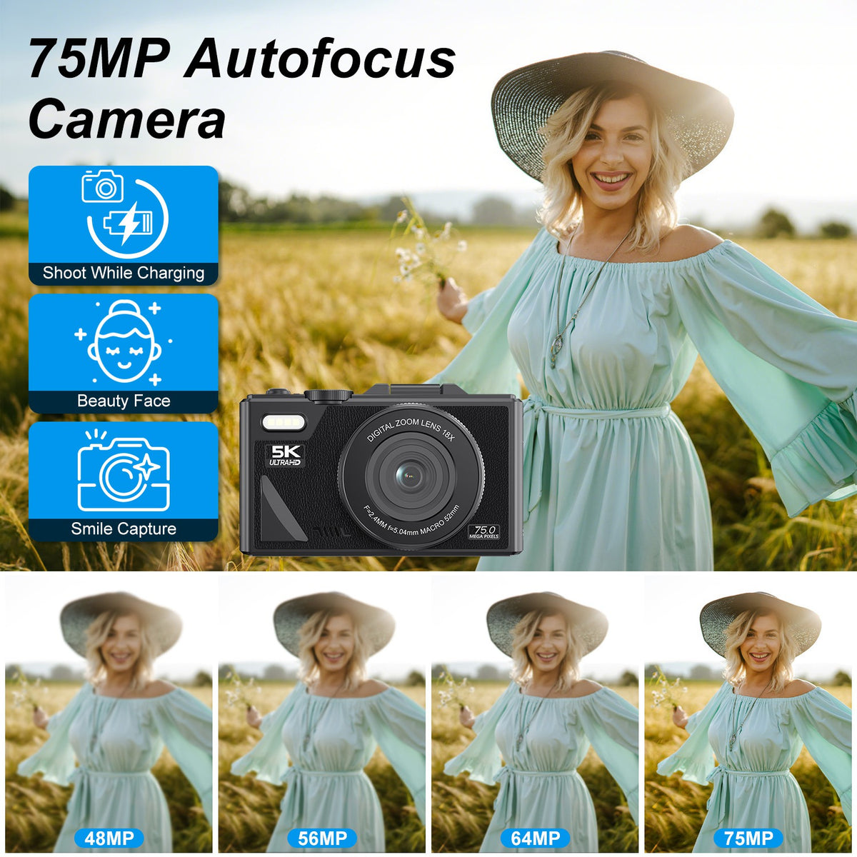 5K 75MP Digital Camera, Anti-Shake