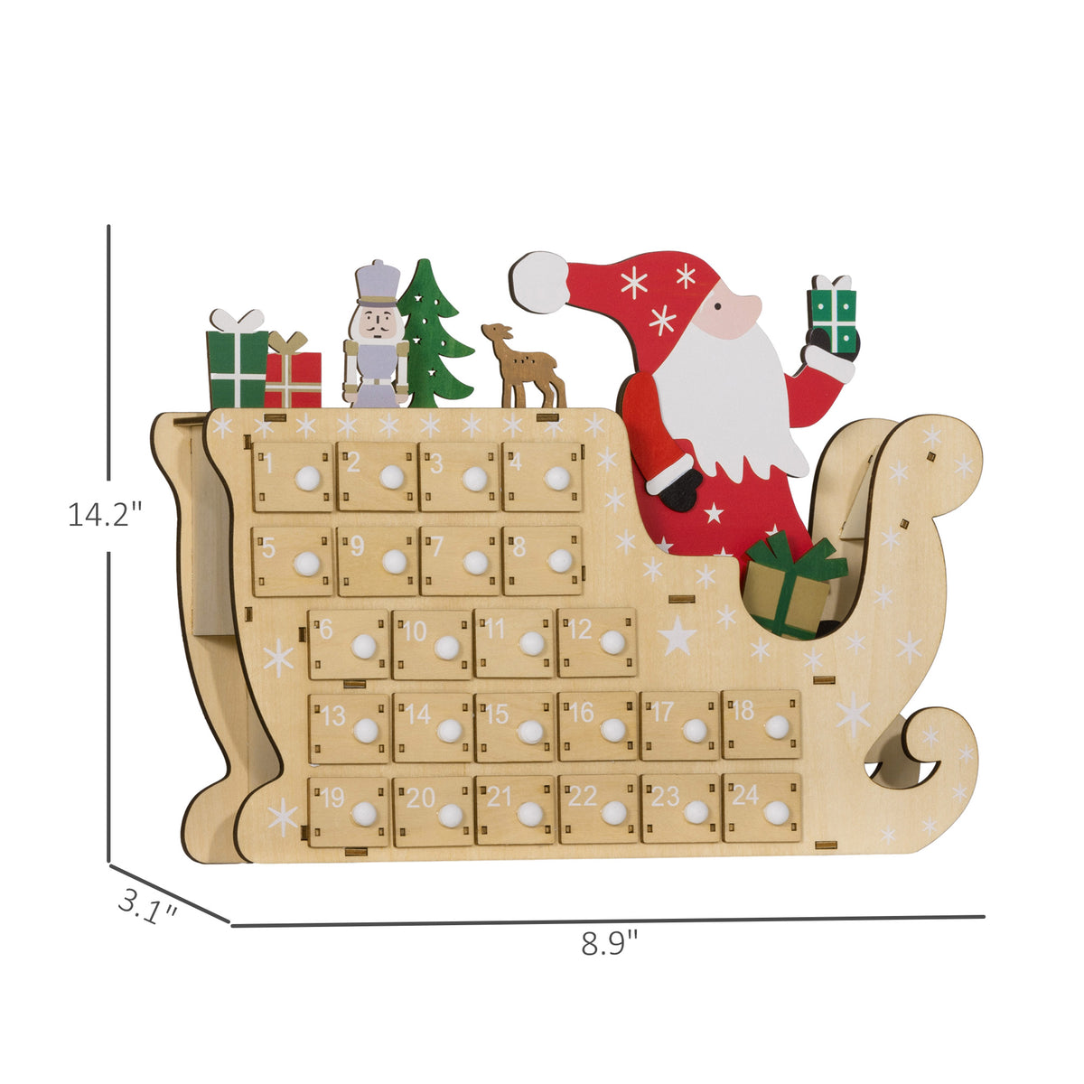 Wooden Advent Calendar, Santa Sleigh with 24 Countdown Drawers