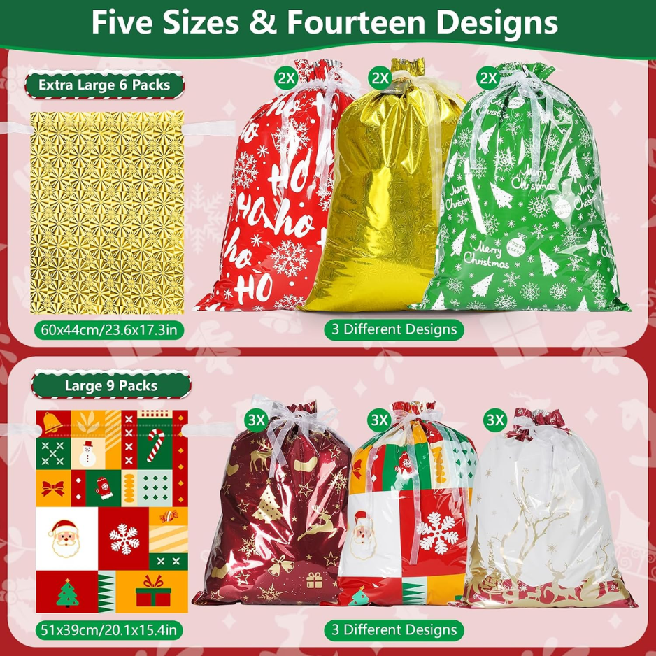 Christmas Drawstring Gift Bags, 34 Pack in 5 Sizes