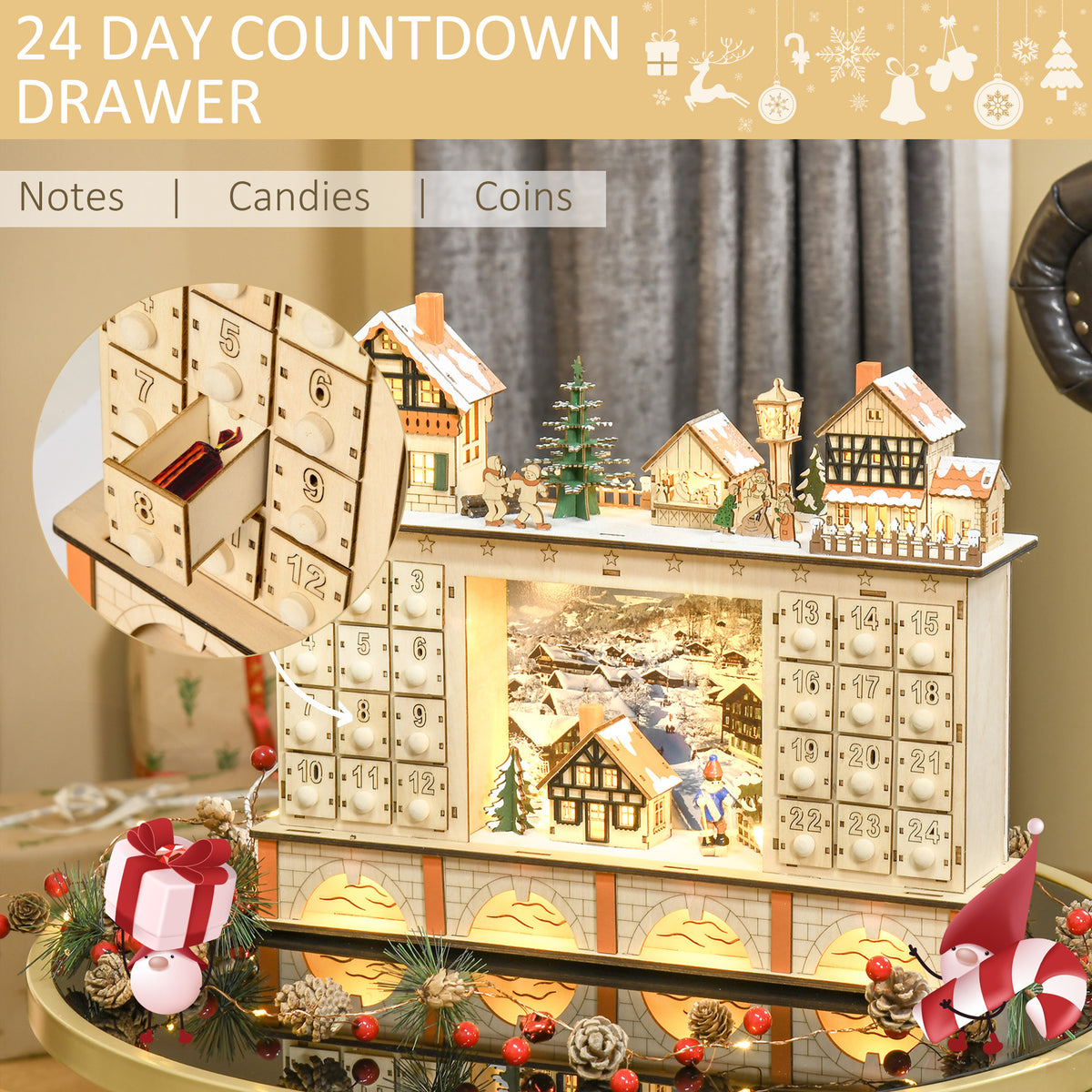 Light-Up Wooden Advent Calendar, Christmas Village with 24 Drawers