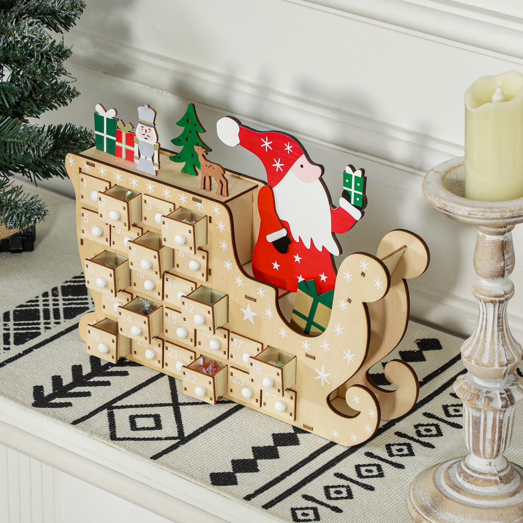 Wooden Advent Calendar, Santa Sleigh with 24 Countdown Drawers
