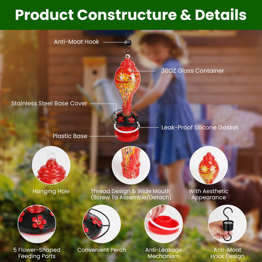 Hand Blown Glass Hummingbird Feeder, 33 oz, 5 Ports