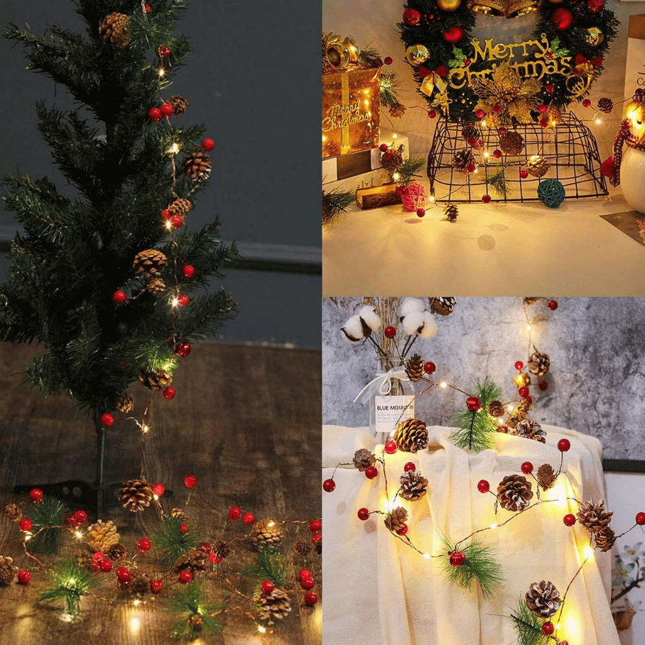 Lighted Pine Cone and Red Berry Christmas Garland, 10 ft, 30 LEDs