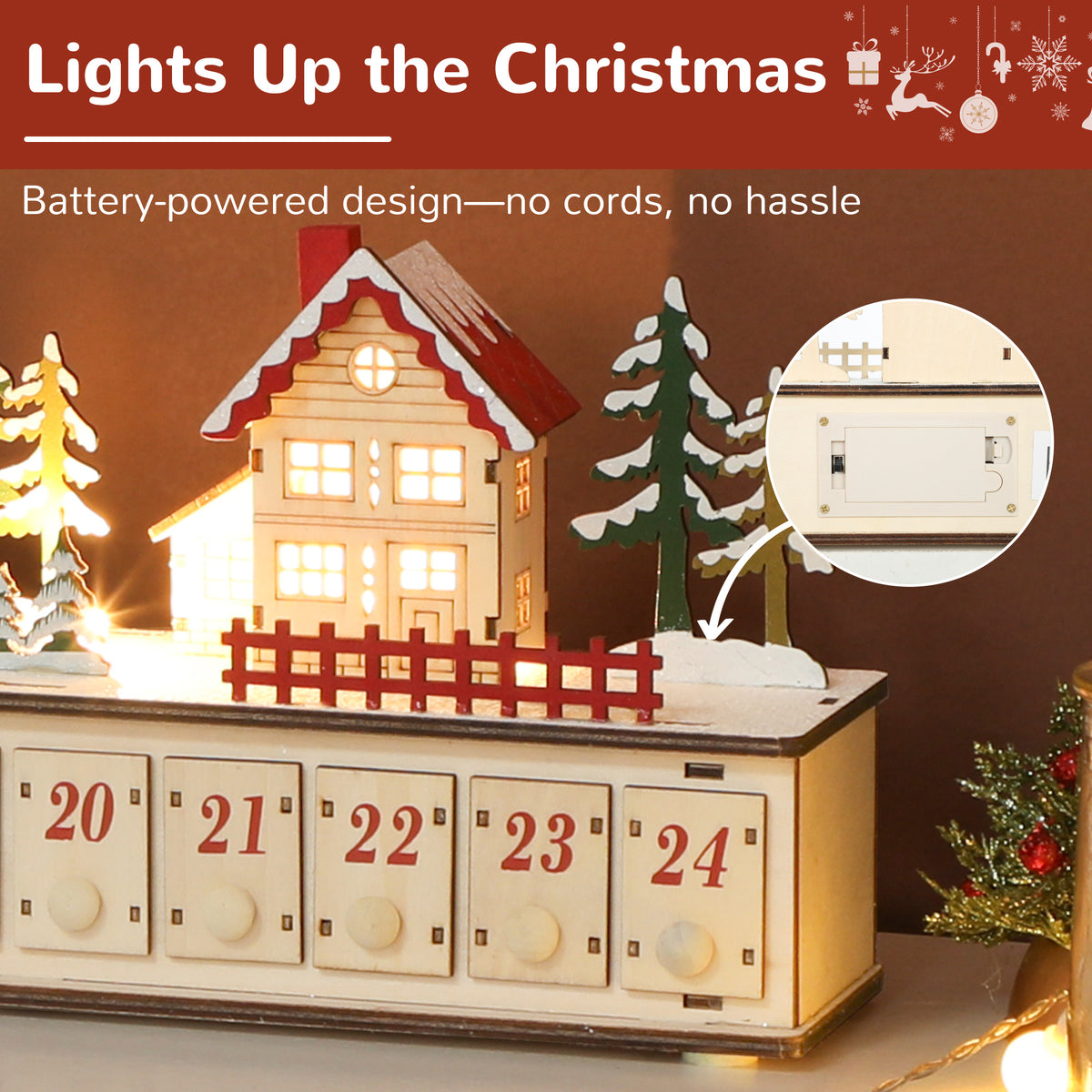 Long Light-Up Wooden Advent Calendar Village, 24 Drawers