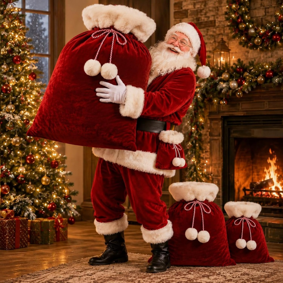 Velvet Santa Sacks with Drawstring, Set of 4 Sizes, Burgundy