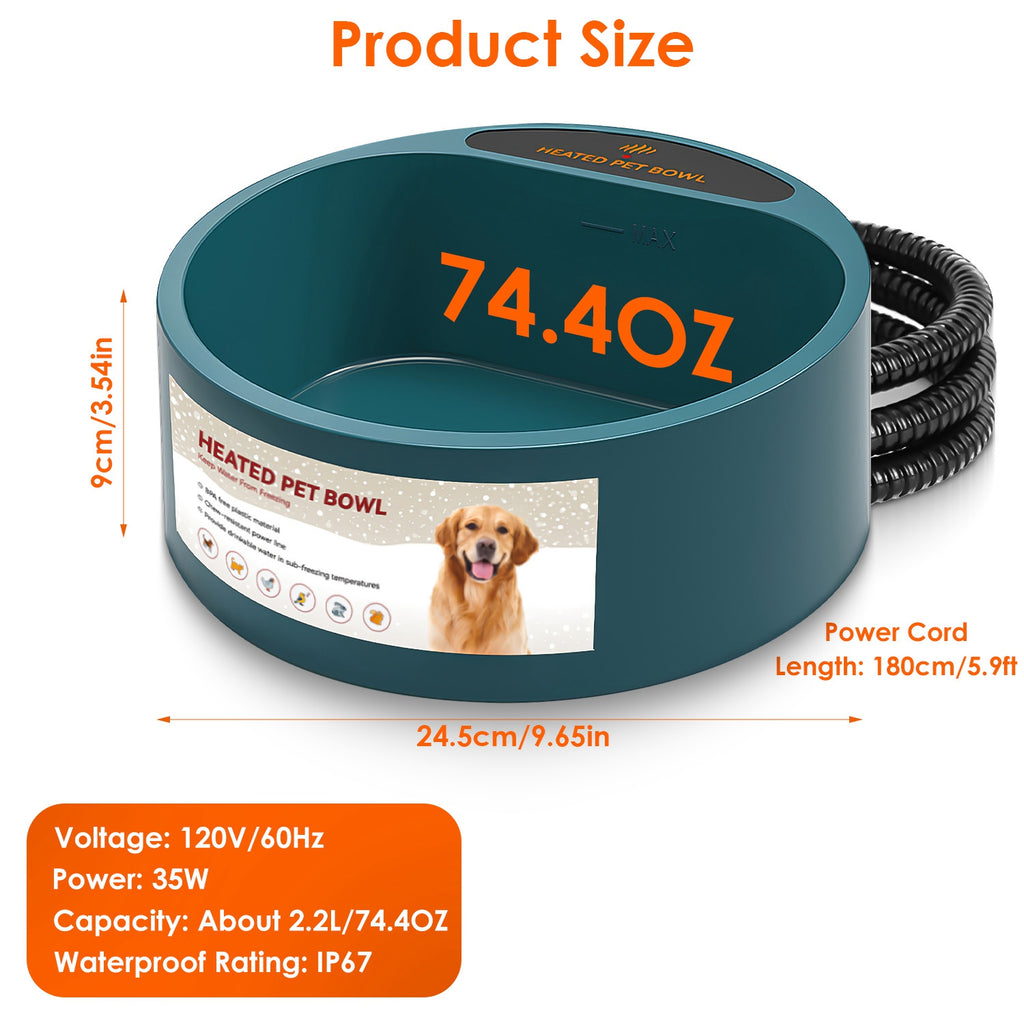 Heated Pet Water Bowl, 74 oz, Thermostatic
