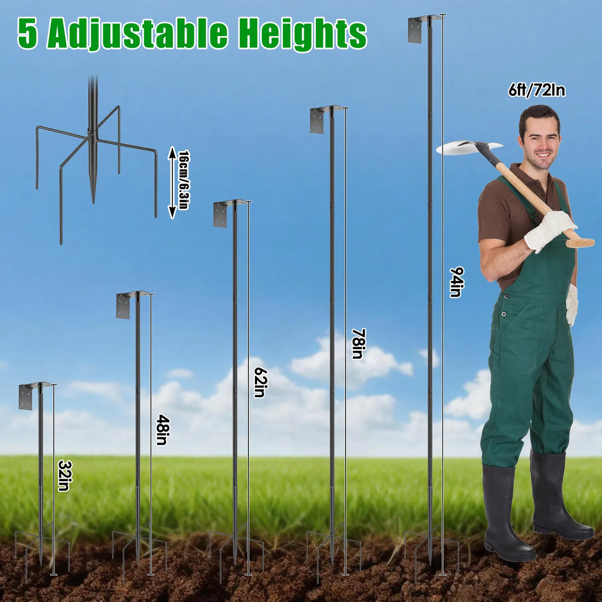 94-Inch Bird Feeder Pole with Squirrel Baffle and 4 Hooks