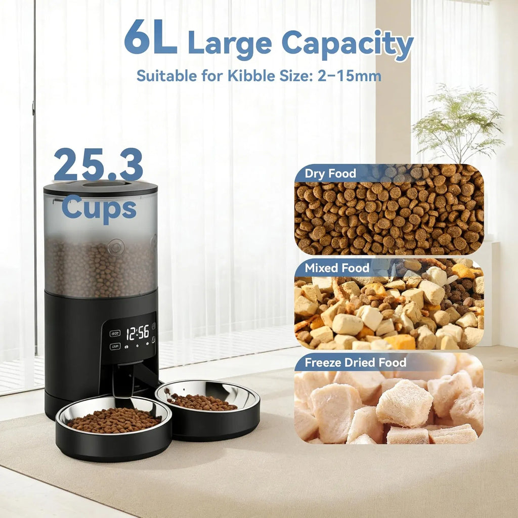 6L Automatic Cat Feeder with Timer, 2 Bowls and Voice Recorder