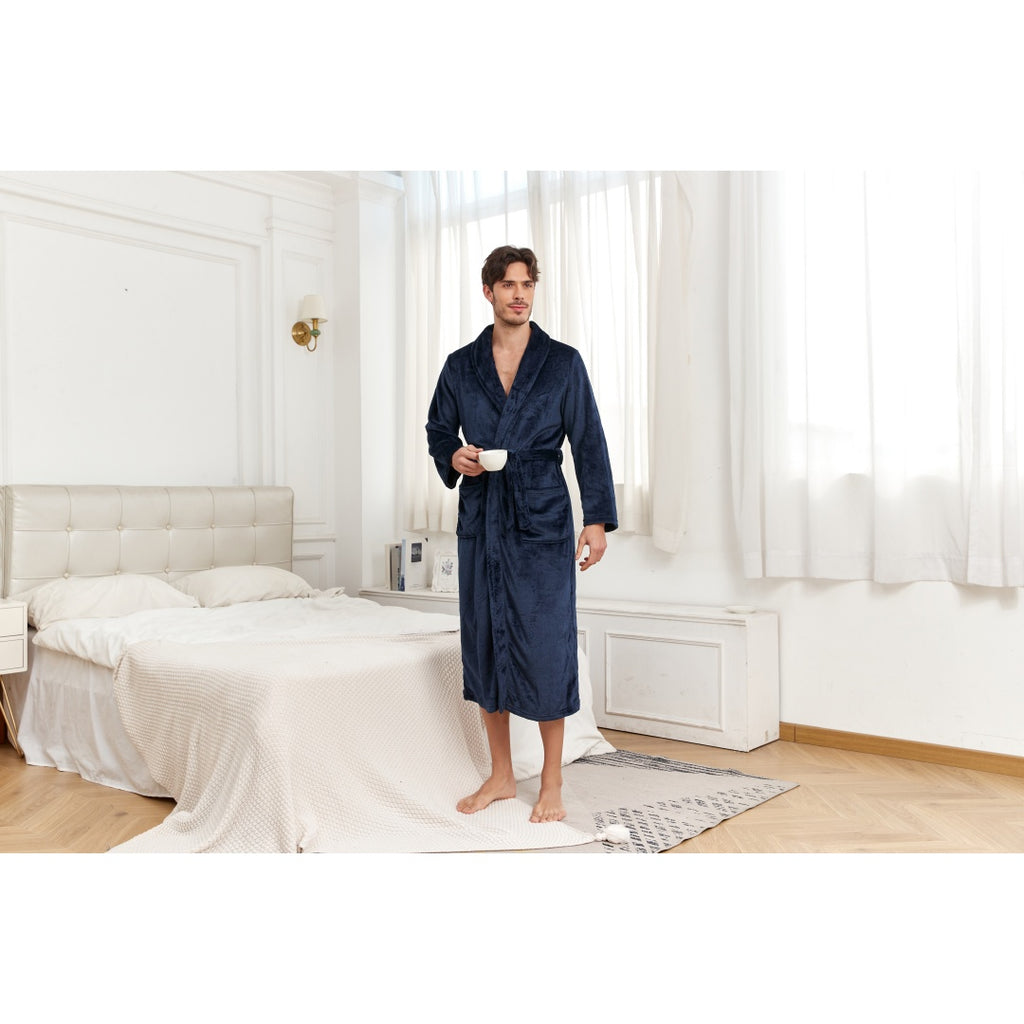Men's Plush Long Robe, Full Length, Navy