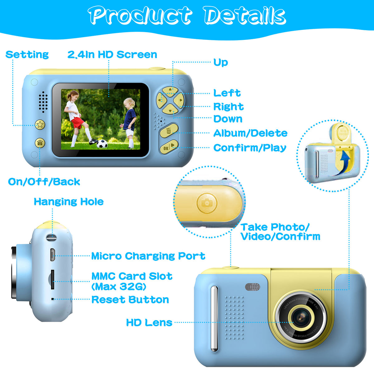 Kids Digital Camera with Flip Selfie Lens, Tripod and 32GB Card