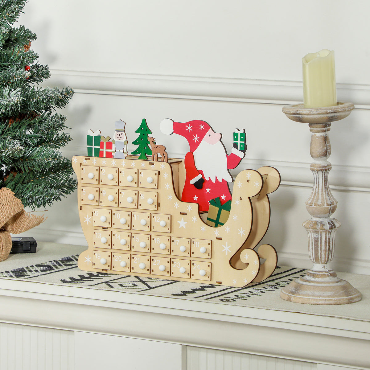 Wooden Advent Calendar, Santa Sleigh with 24 Countdown Drawers
