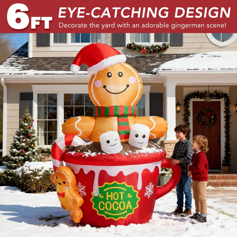 6 ft Inflatable Gingerbread Man in a Hot Cocoa Mug