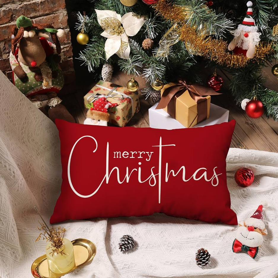 Red Merry Christmas Lumbar Pillow Cover, 12 x 20 Inch