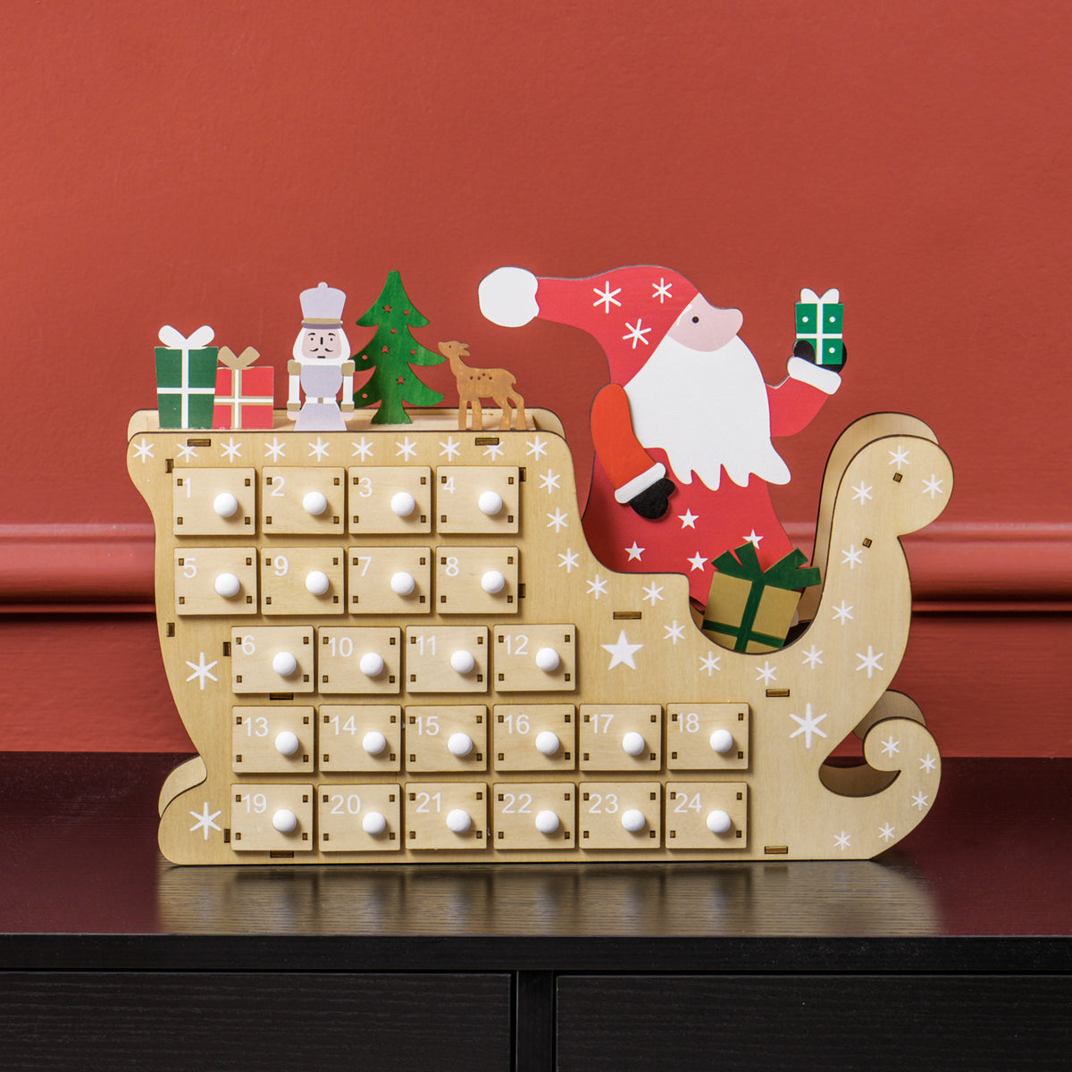 Wooden Advent Calendar, Santa Sleigh with 24 Countdown Drawers