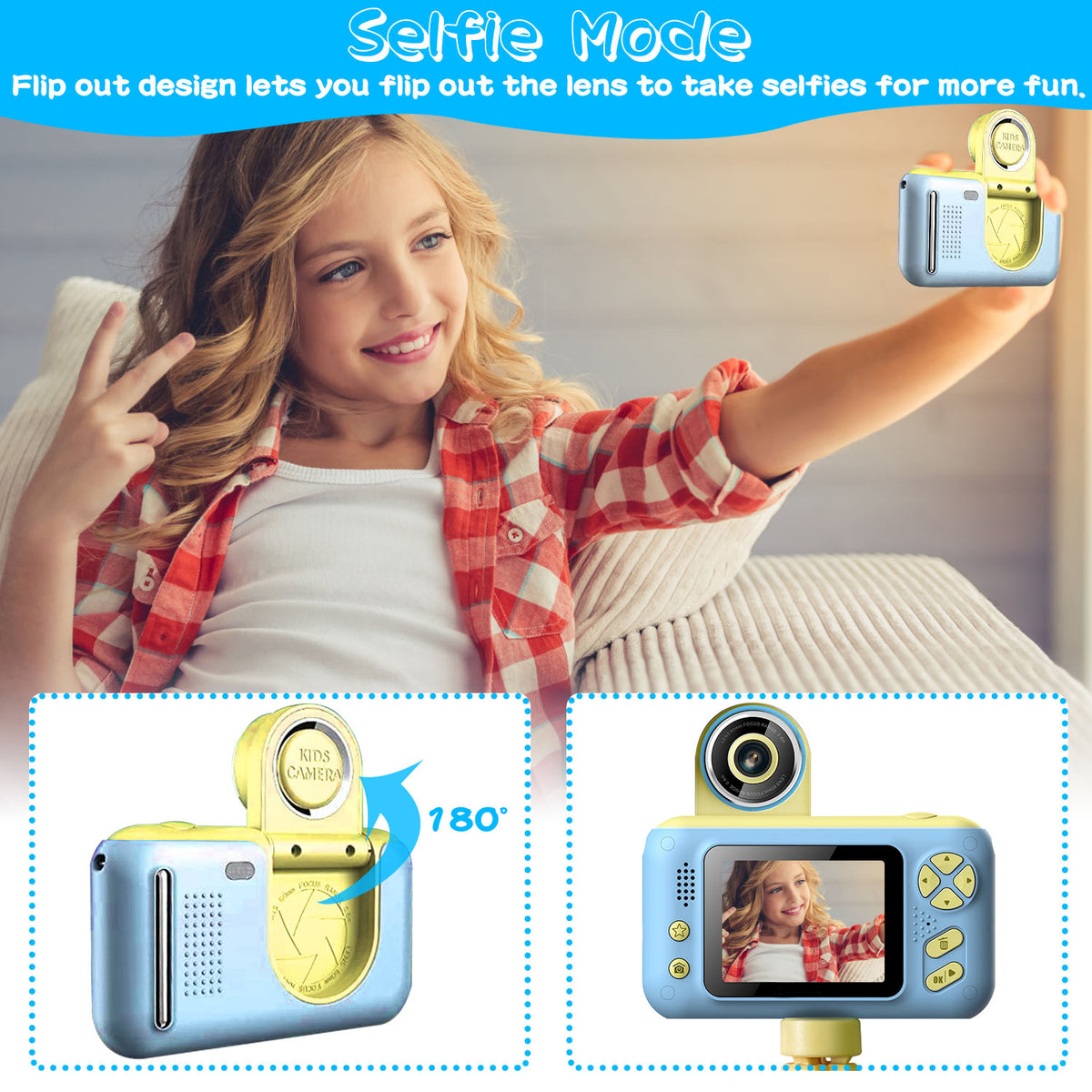 Kids Digital Camera with Flip Selfie Lens, Tripod and 32GB Card