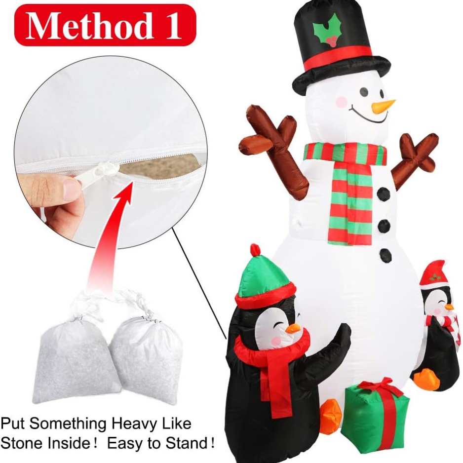 6 ft Inflatable Snowman with Penguins and Rotating Lights