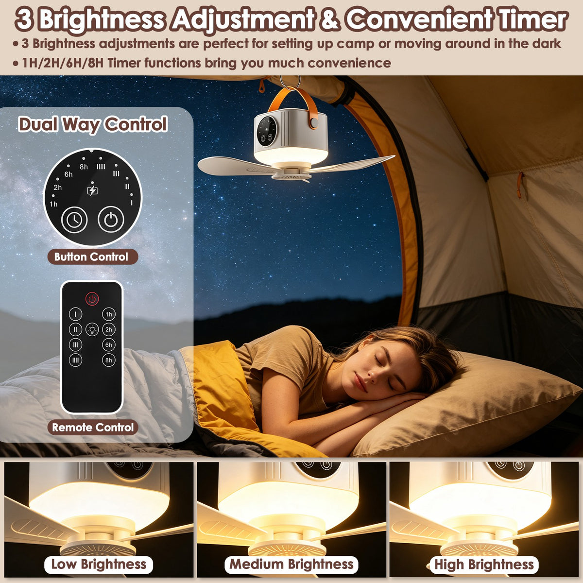 Rechargeable Hanging Tent Ceiling Fan with LED Light
