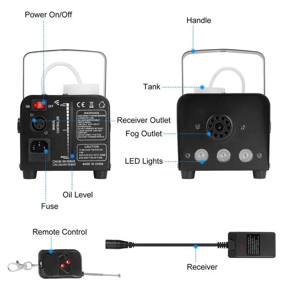 Fog Machine with RGB LED Lights and Wireless Remote
