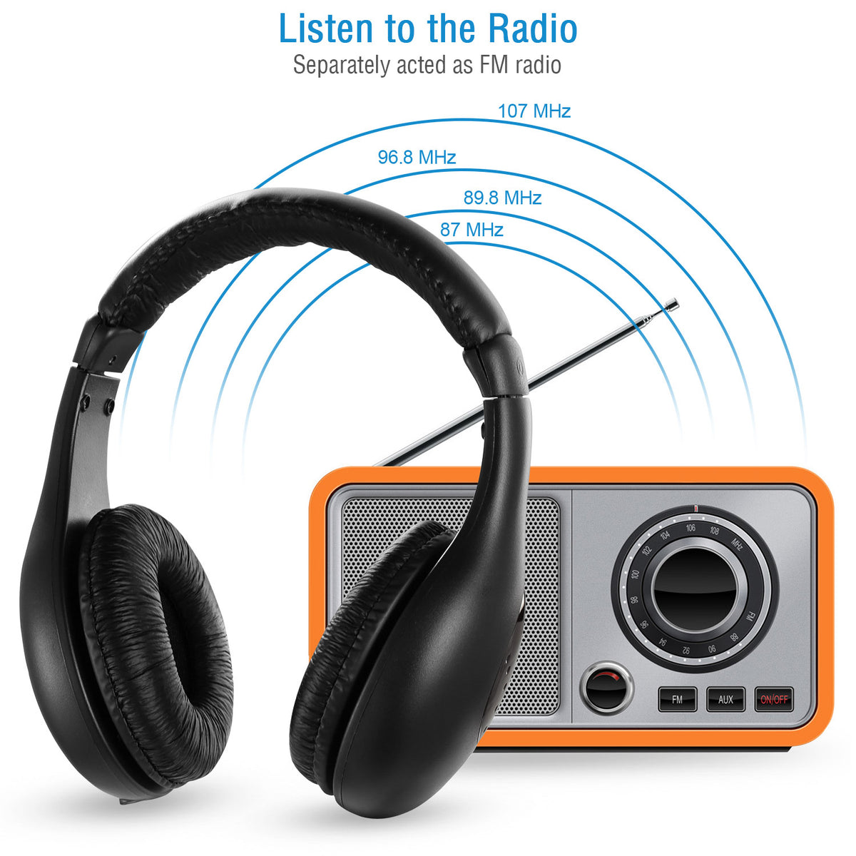 Wireless Over-Ear TV Headphones with RF Transmitter and FM Radio