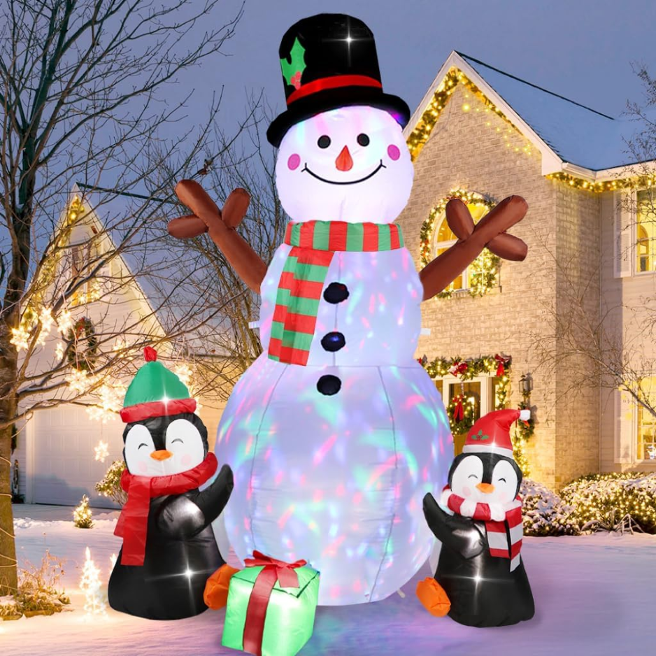 6 ft Inflatable Snowman with Penguins and Rotating Lights