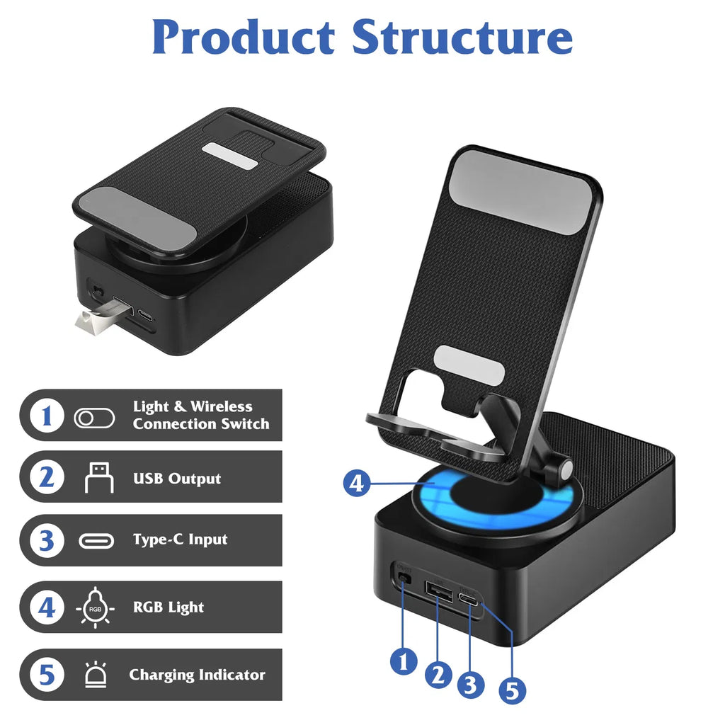 4-in-1 Phone Stand with Speaker, Power Bank and RGB Light