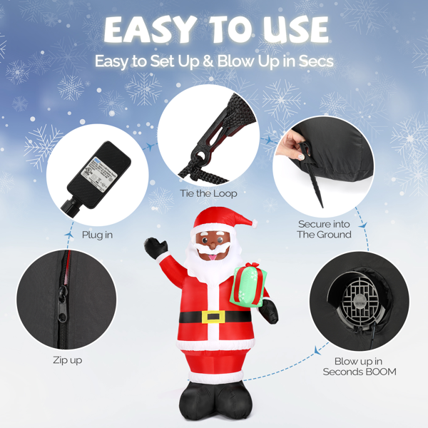 7 ft Inflatable Black Santa Claus Holding a Gift, with LED Lights
