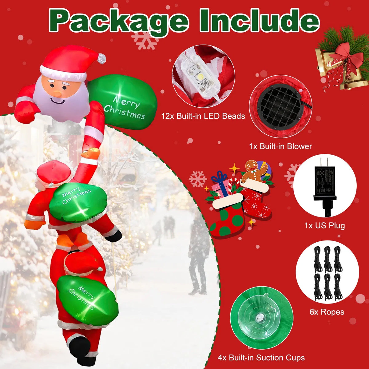 8 ft Inflatable Climbing Santa Window Decoration with LEDs
