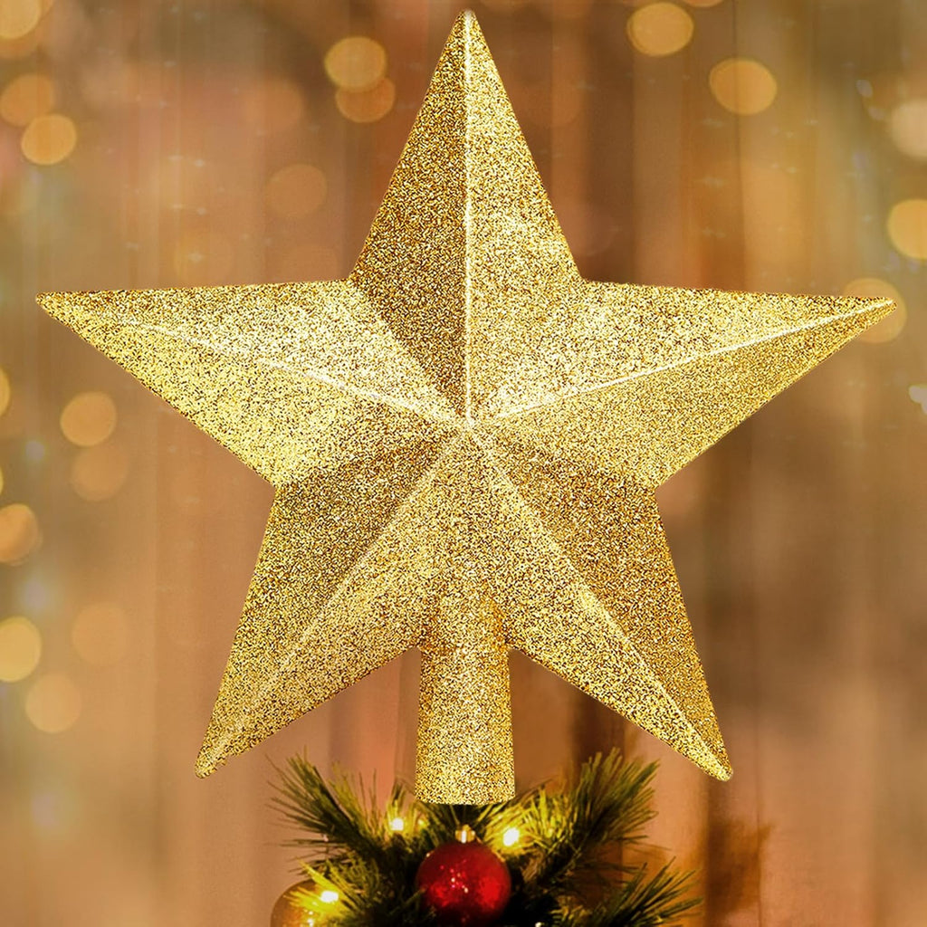 Gold Glitter Star Christmas Tree Topper, 8 Inch