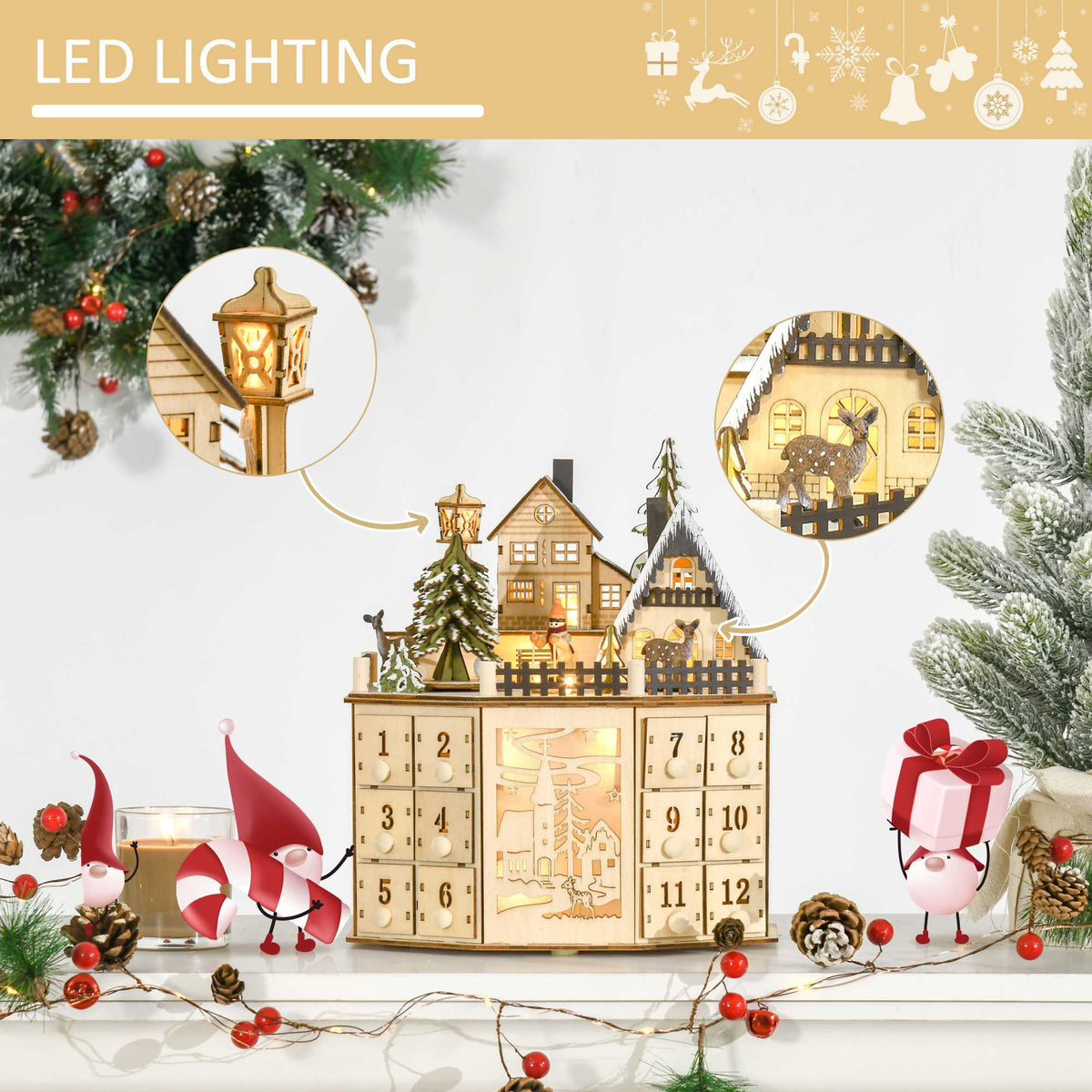 Octagonal Light-Up Wooden Advent Calendar with 24 Drawers