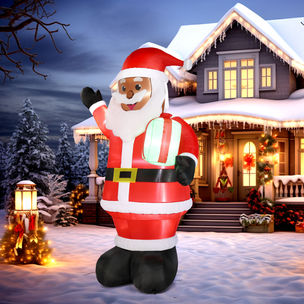 7 ft Inflatable Black Santa Claus Holding a Gift, with LED Lights